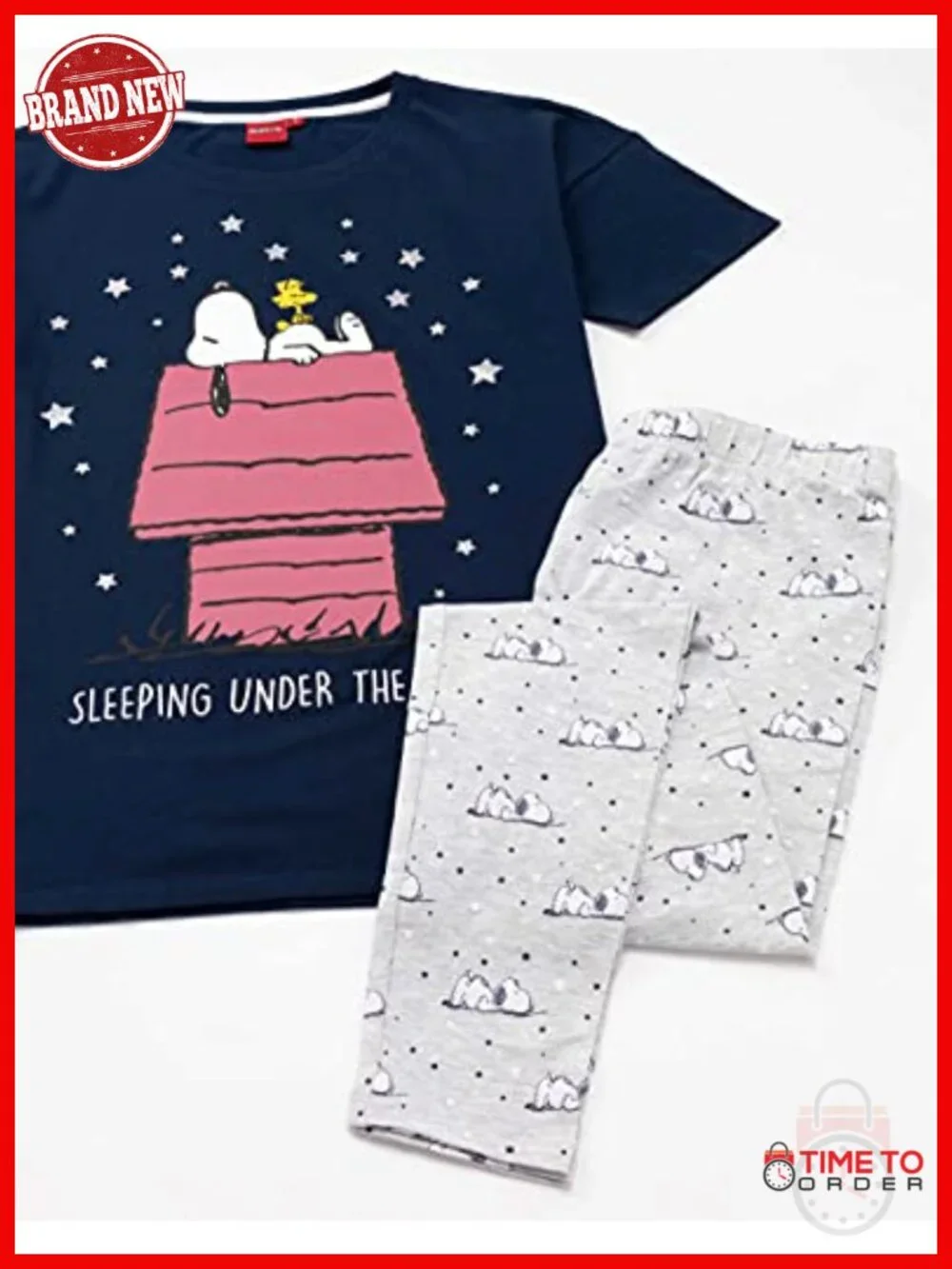 100% Cotton Snoopy Pajama Set Short Sleeve Pjs for Women